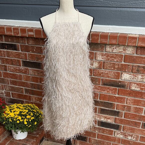 Trina Turk Feathered Metallic Textured Cream Fringe Mini Dress Size 8 - Picture 1 of 8